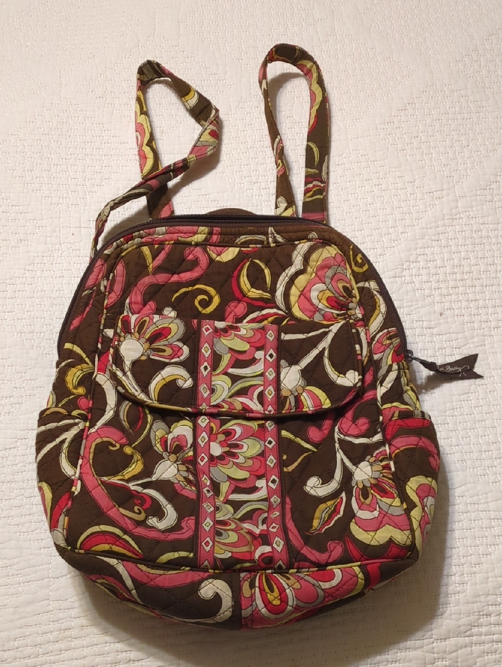 Vera Bradley Brown Quilted Backpack with Pink and Cream Floral Pattern